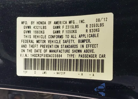 2013 Honda Accord Sport z USA, uszkodzony, nr VIN 1HGCR2F59DA005684